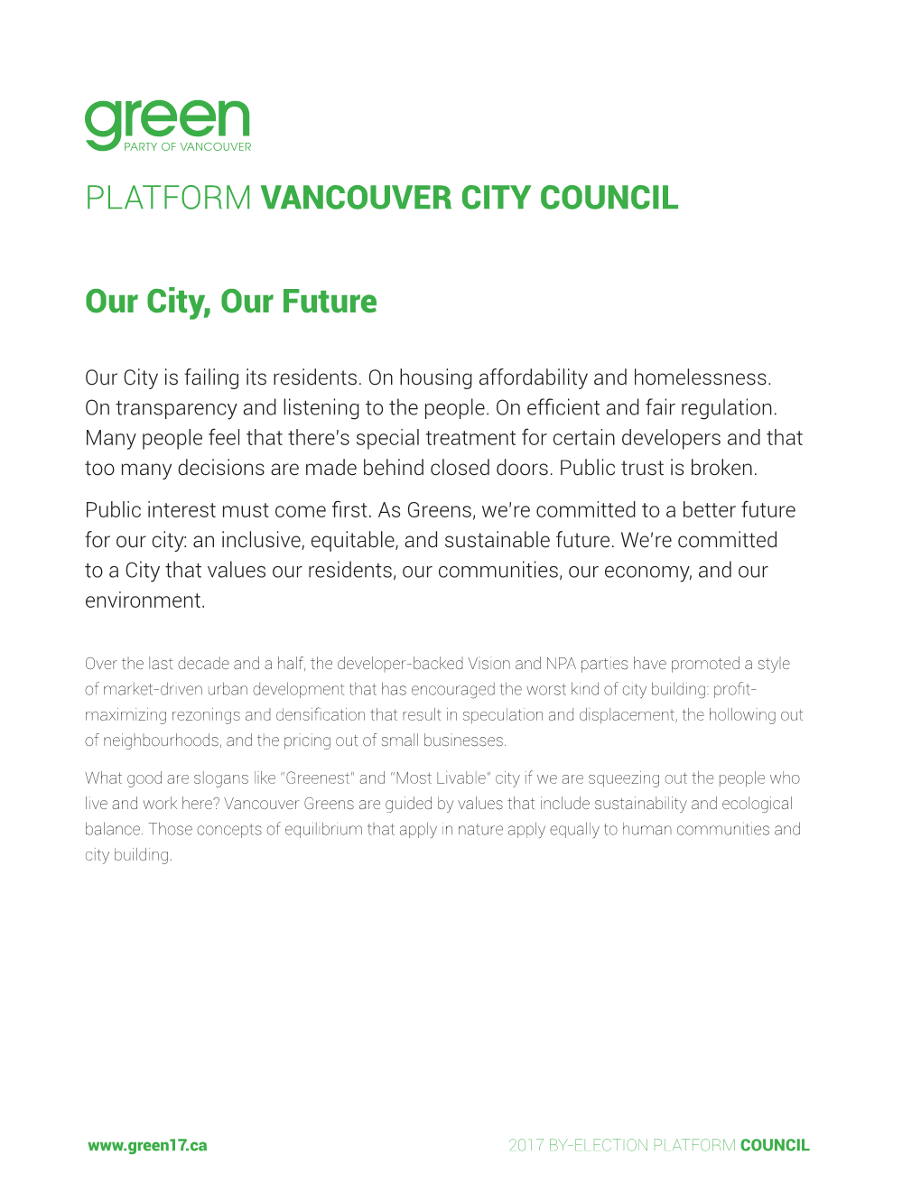 PLATFORM VANCOUVER CITY COUNCIL Our City, Our Future