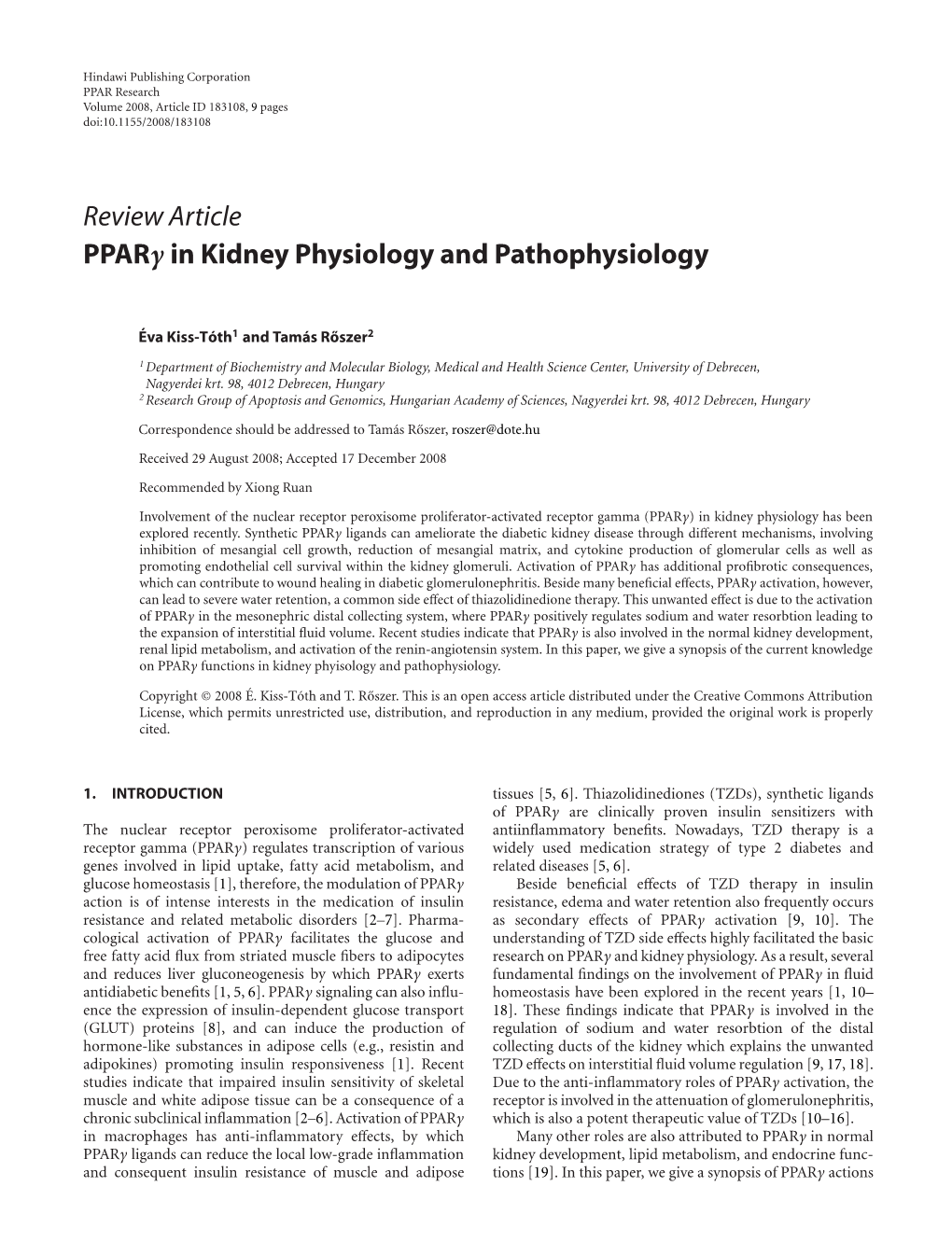 PPAR in Kidney Physiology and Pathophysiology