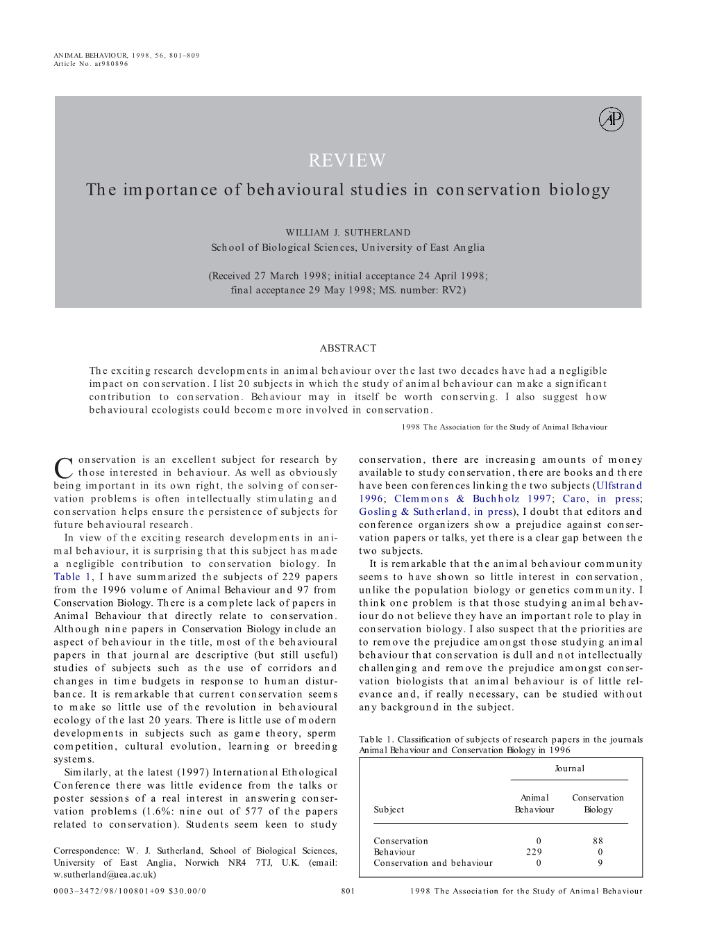 The Importance of Behavioural Studies in Conservation Biology