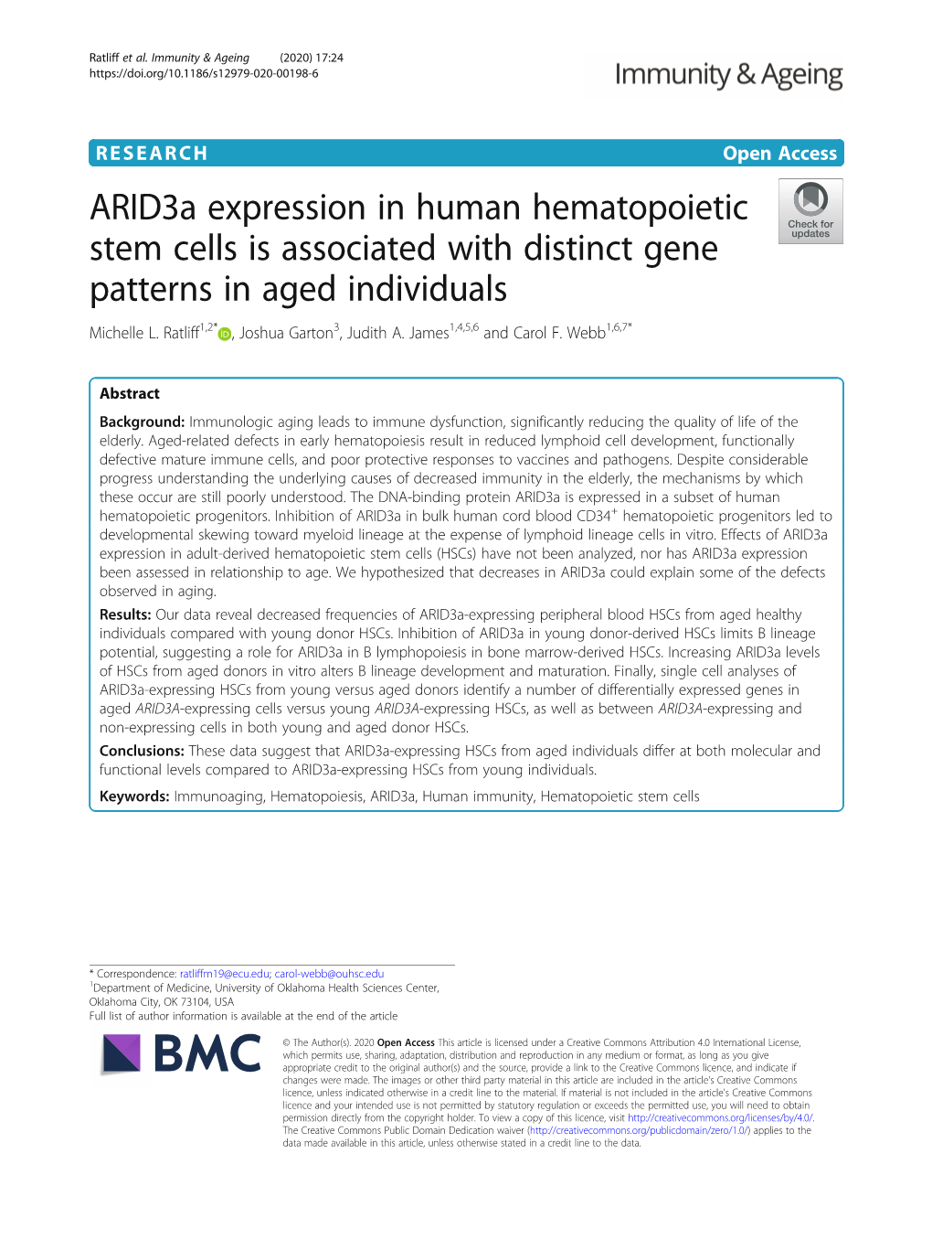 Arid3a Expression in Human Hematopoietic Stem Cells Is Associated with Distinct Gene Patterns in Aged Individuals Michelle L