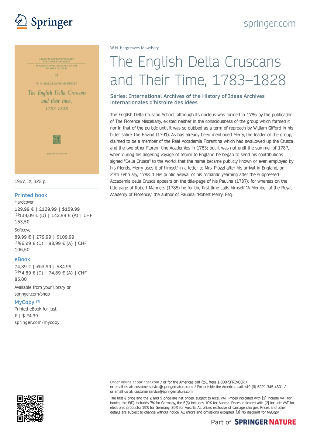 The English Della Cruscans and Their Time, 1783–1828 Series: International Archives of the History of Ideas Archives Internationales D'histoire Des Idées