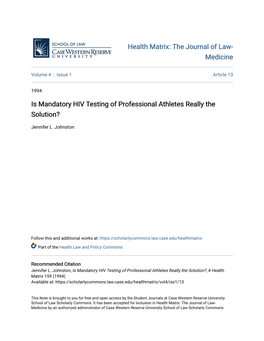 Is Mandatory HIV Testing of Professional Athletes Really the Solution?