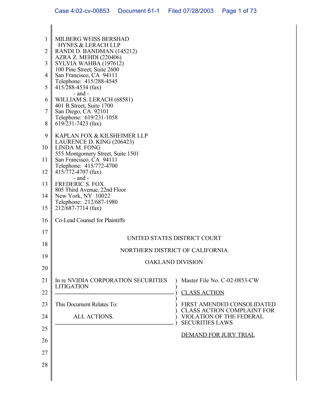 In Re: NVIDIA Corporation Securities Litigation 02-CV-00853-First