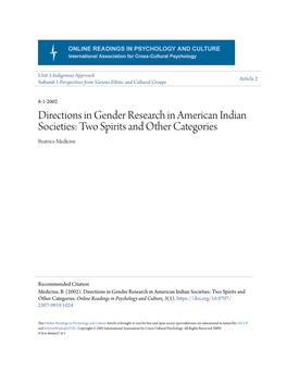 Directions in Gender Research in American Indian Societies: Two Spirits and Other Categories Beatrice Medicine