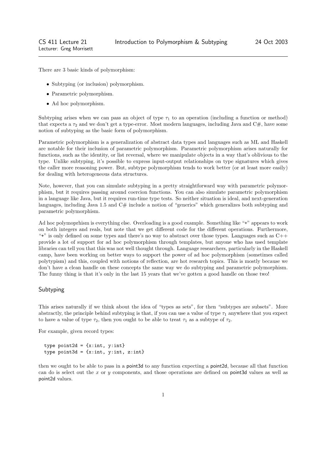 CS 411 Lecture 21 Introduction to Polymorphism & Subtyping 24 Oct