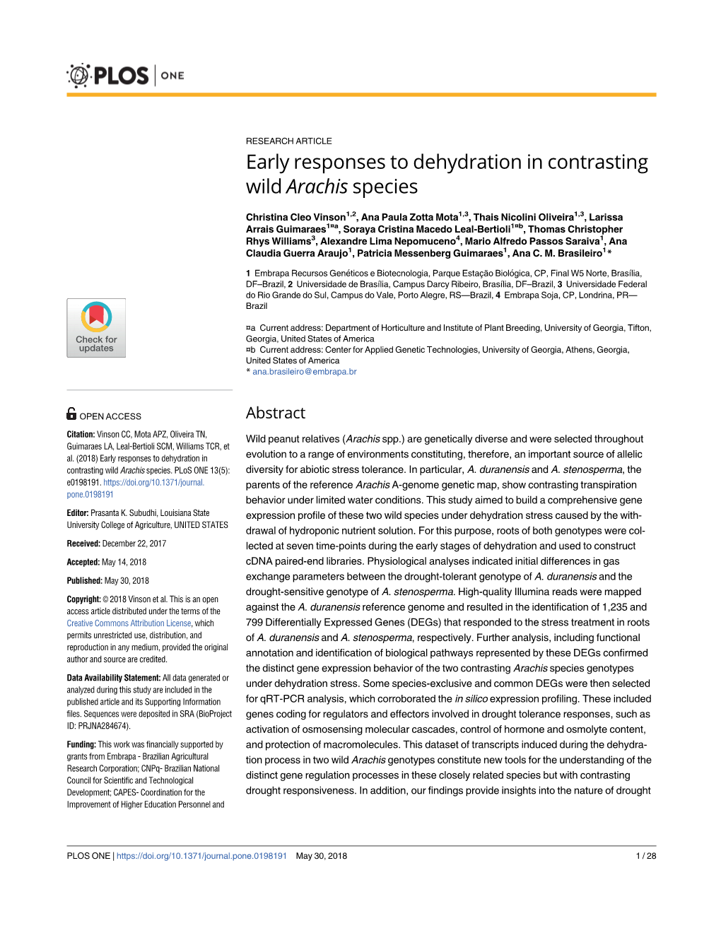 Early Responses to Dehydration in Contrasting Wild Arachis Species