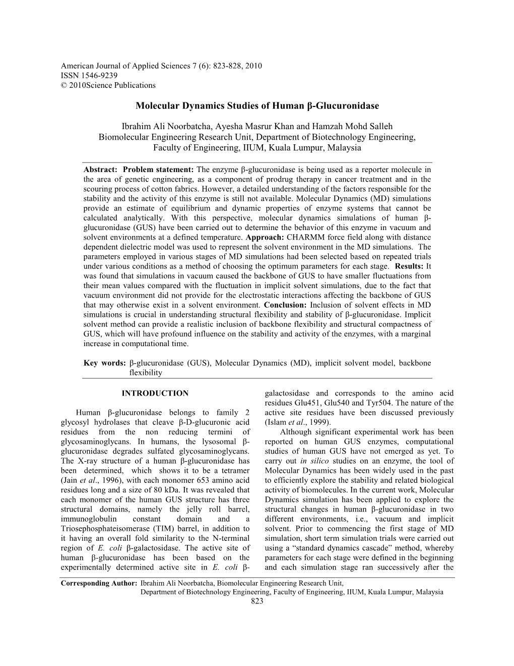 Molecular Dynamics Studies of Human Β-Glucuronidase