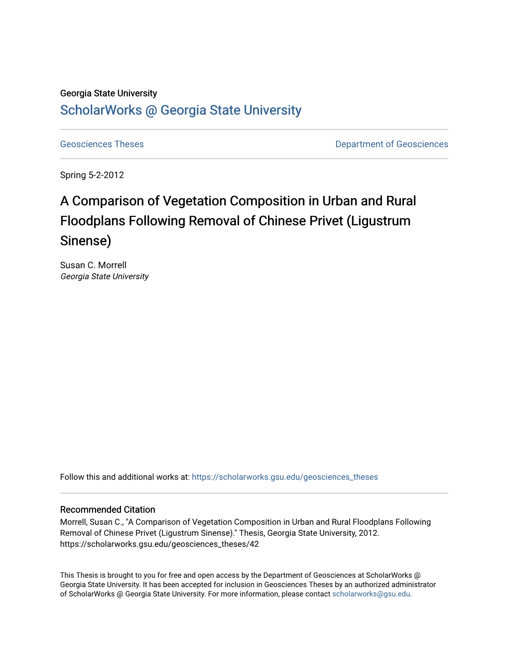 A Comparison of Vegetation Composition in Urban and Rural Floodplans Following Removal of Chinese Privet (Ligustrum Sinense)
