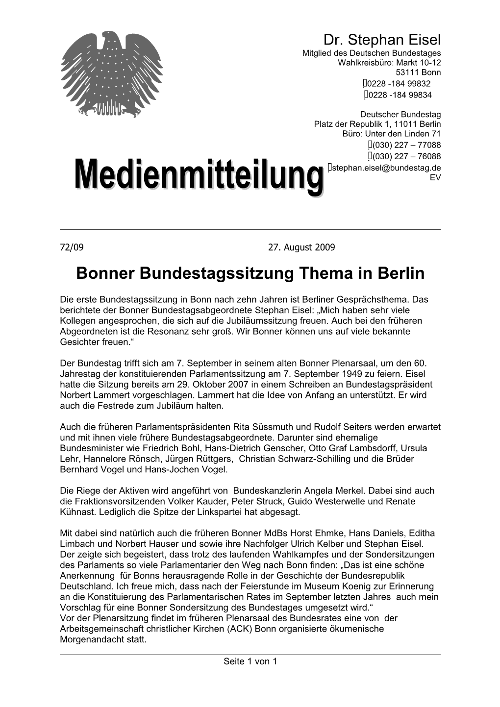 Bonner Bundestagssitzung Thema in Berlin