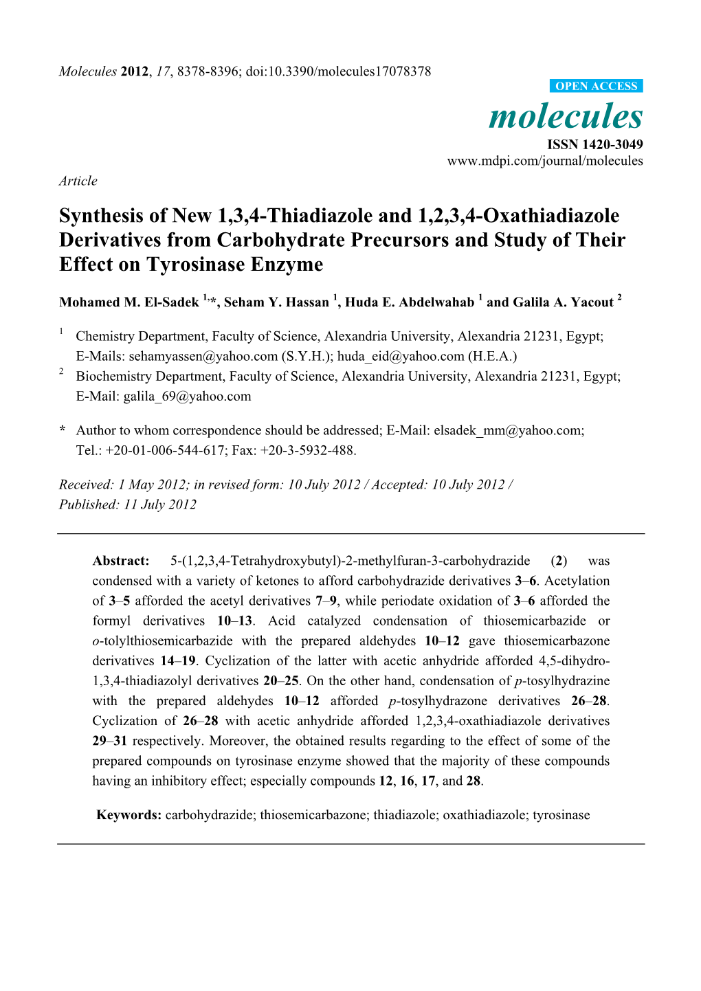 Synthesis of New 1, 3, 4-Thiadiazole and 1, 2, 3, 4-Oxathiadiazole Derivatives from Carbohydrate Precursors and Study of Their Effect on Tyrosinase Enzyme