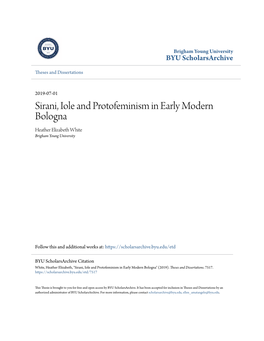 Sirani, Iole and Protofeminism in Early Modern Bologna Heather Elizabeth White Brigham Young University
