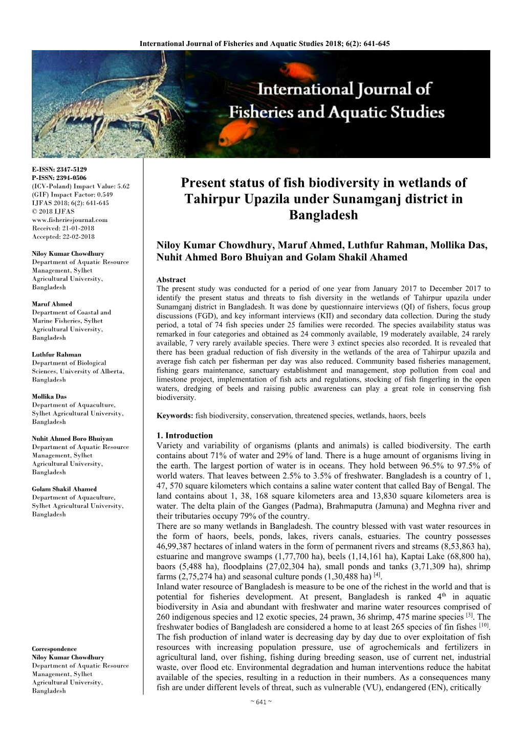 Present Status of Fish Biodiversity in Wetlands of Tahirpur Upazila Under