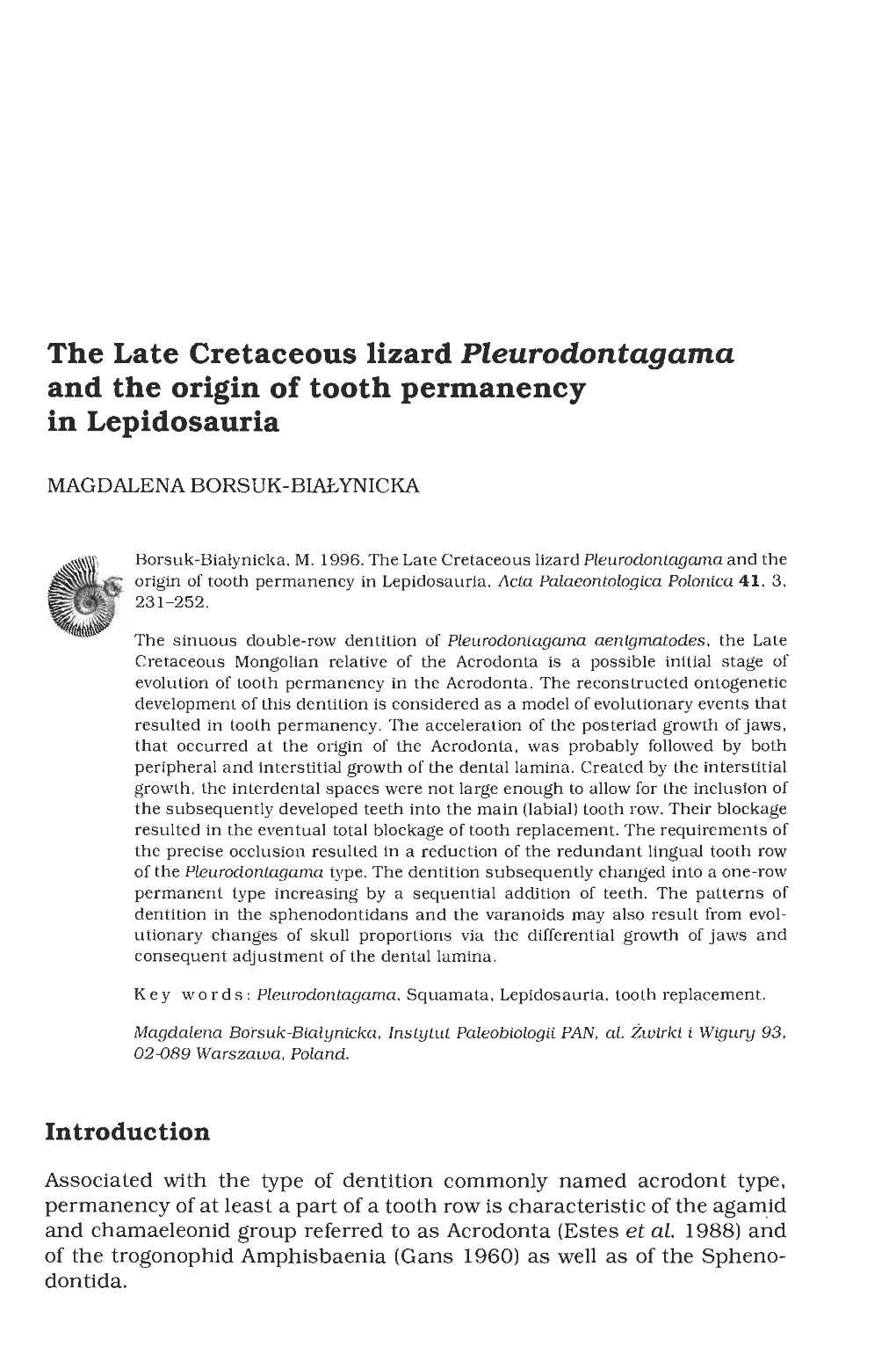 The Late Cretaceous Lizard Pleurodontagama and the Origin of Tooth Permanency in Lepidosauria