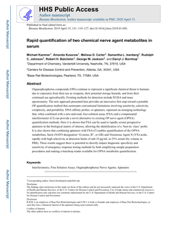 Rapid Quantification of Two Chemical Nerve Agent Metabolites in Serum