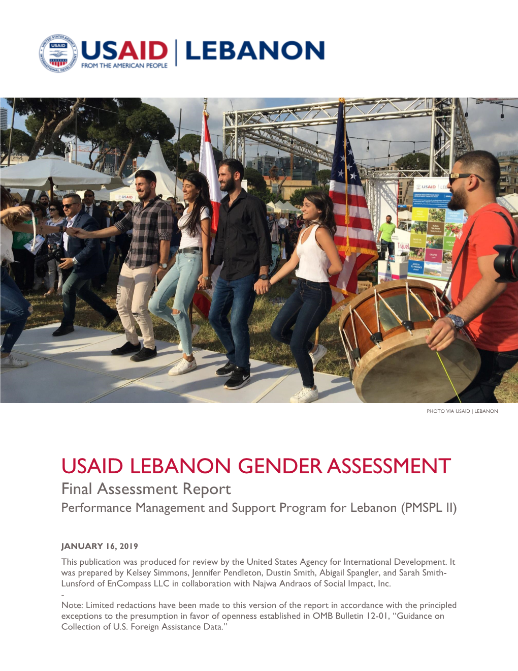 USAID LEBANON GENDER ASSESSMENT Final Assessment Report Performance Management and Support Program for Lebanon (PMSPL II)