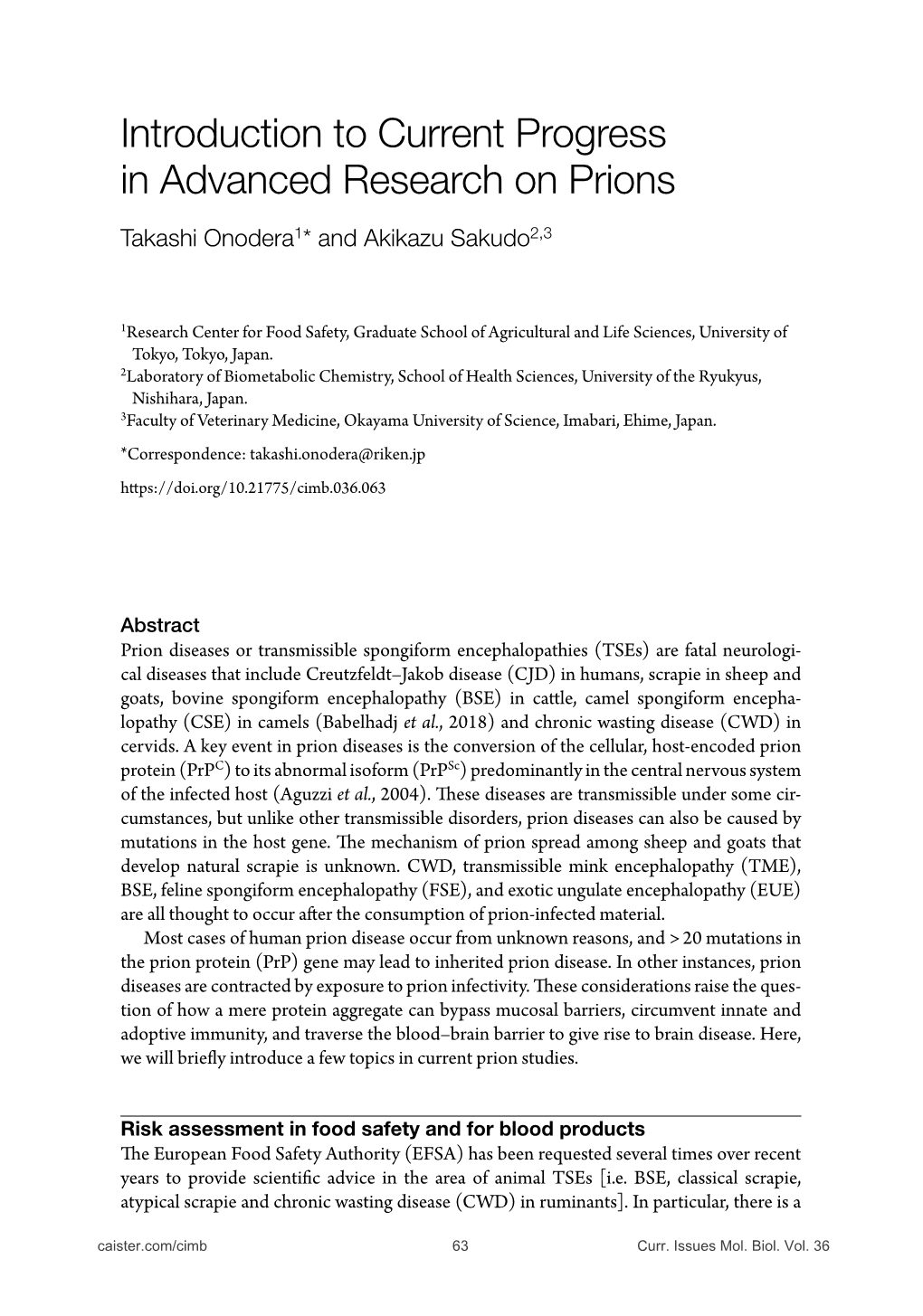 Introduction to Current Progress in Advanced Research on Prions