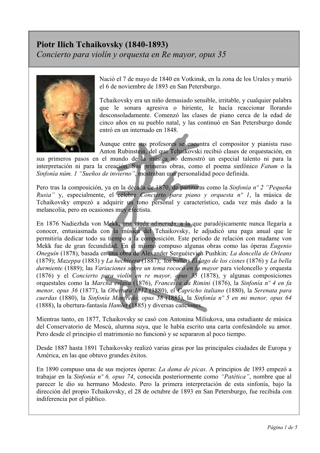 Piotr Ilich Tchaikovsky (1840-1893) Concierto Para Violín Y Orquesta En Re Mayor, Opus 35