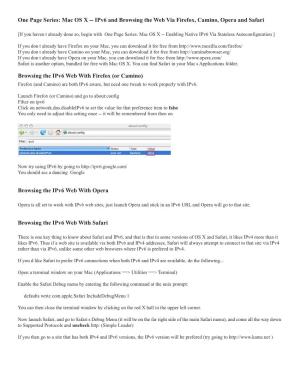 One Page Series: Mac OS X -- Ipv6 and Browsing the Web Via Firefox, Camino, Opera and Safari