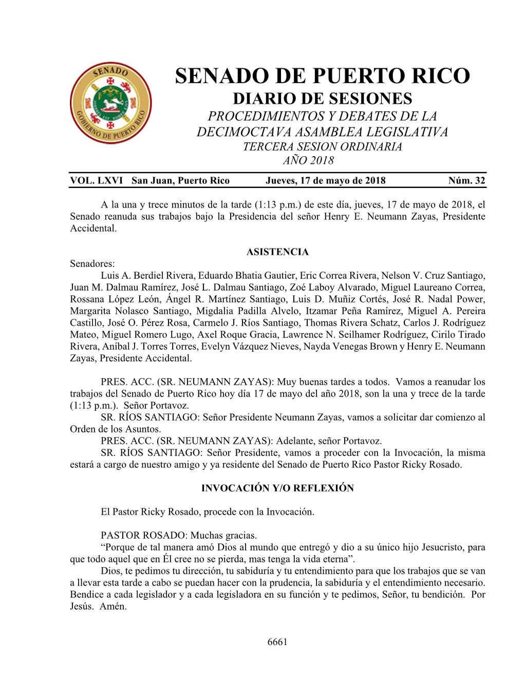 Senado De Puerto Rico Diario De Sesiones Procedimientos Y Debates De La Decimoctava Asamblea Legislativa Tercera Sesion Ordinaria Año 2018 Vol