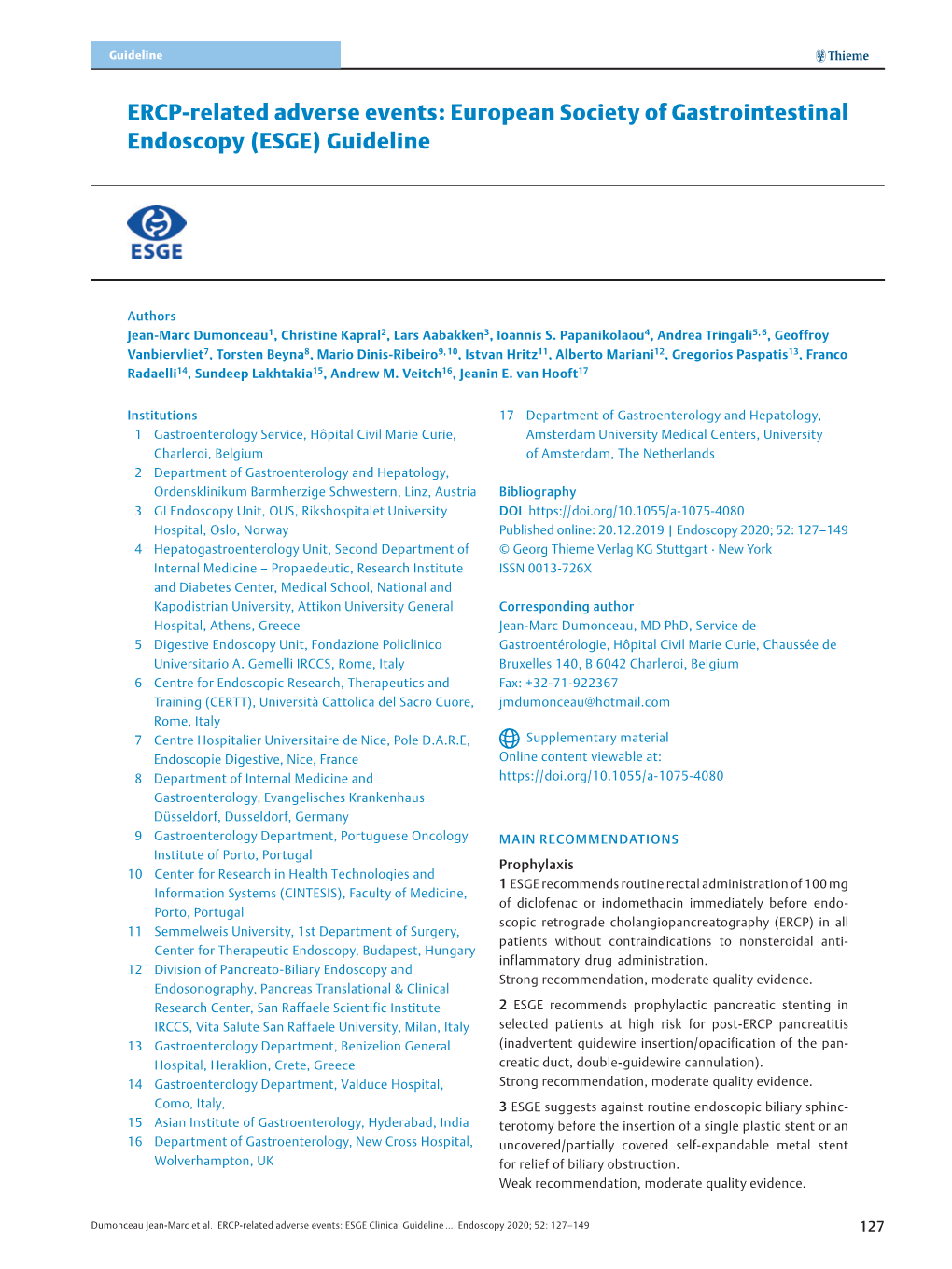 ERCP-Related Adverse Events: European Society of Gastrointestinal Endoscopy (ESGE) Guideline