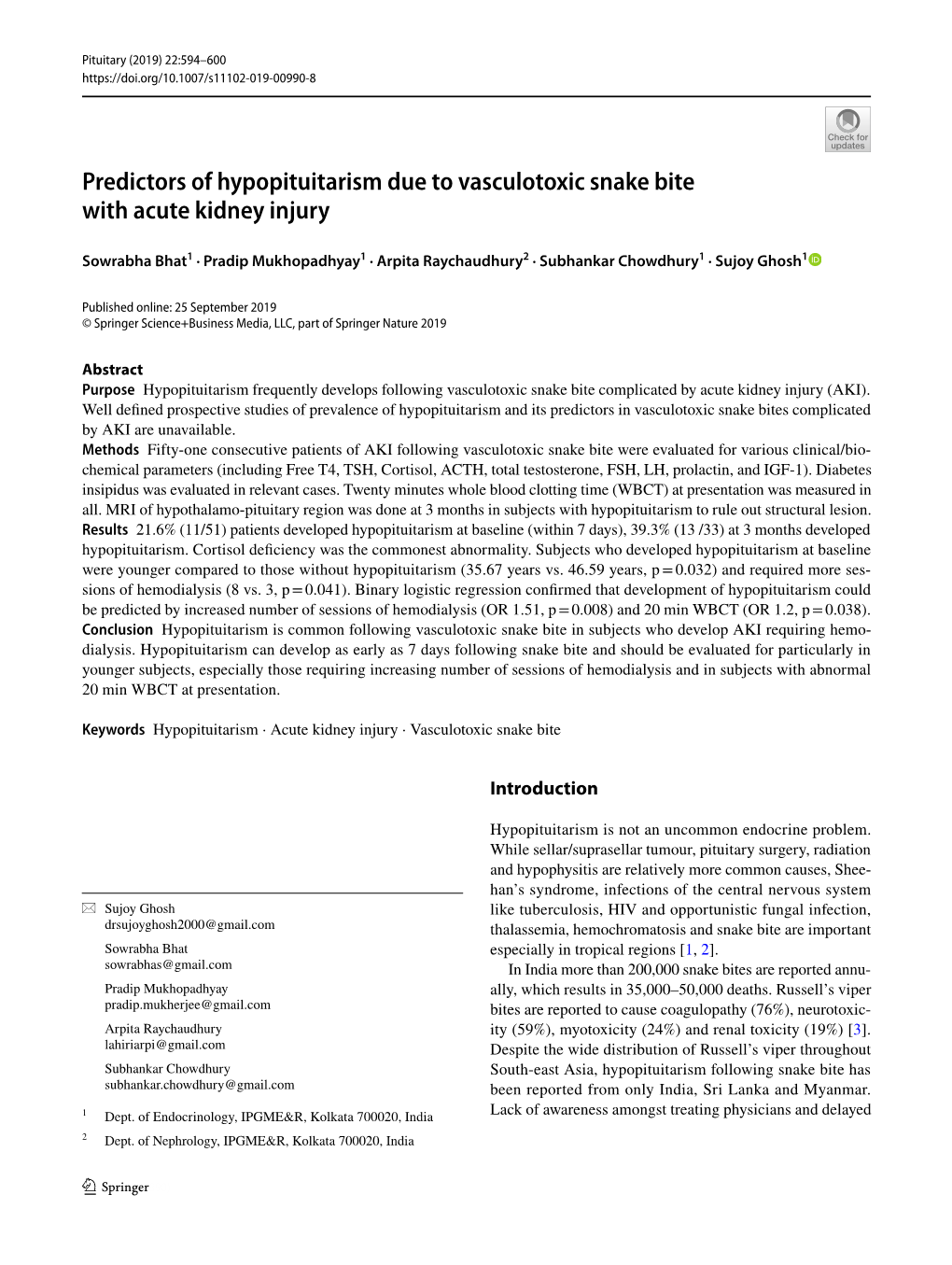 Predictors of Hypopituitarism Due to Vasculotoxic Snake Bite with Acute Kidney Injury