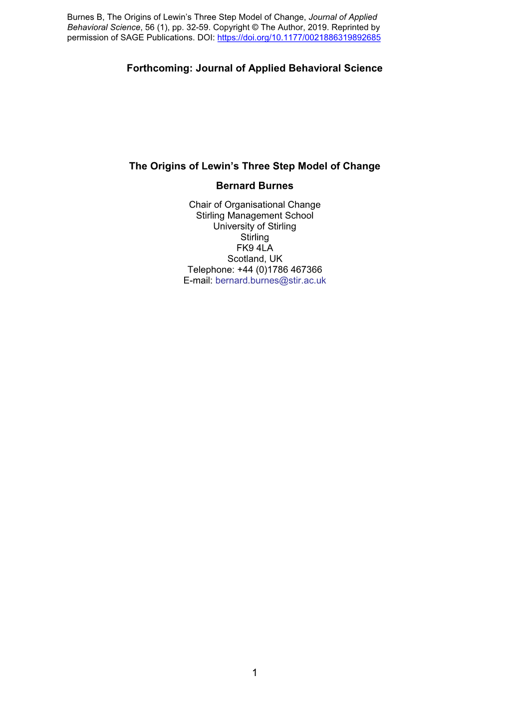 Burnes B, The Origins Of Lewin's Three Step Model Of Change - DocsLib