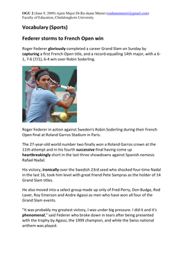 Vocabulary (Sports) Federer Storms to French Open Win