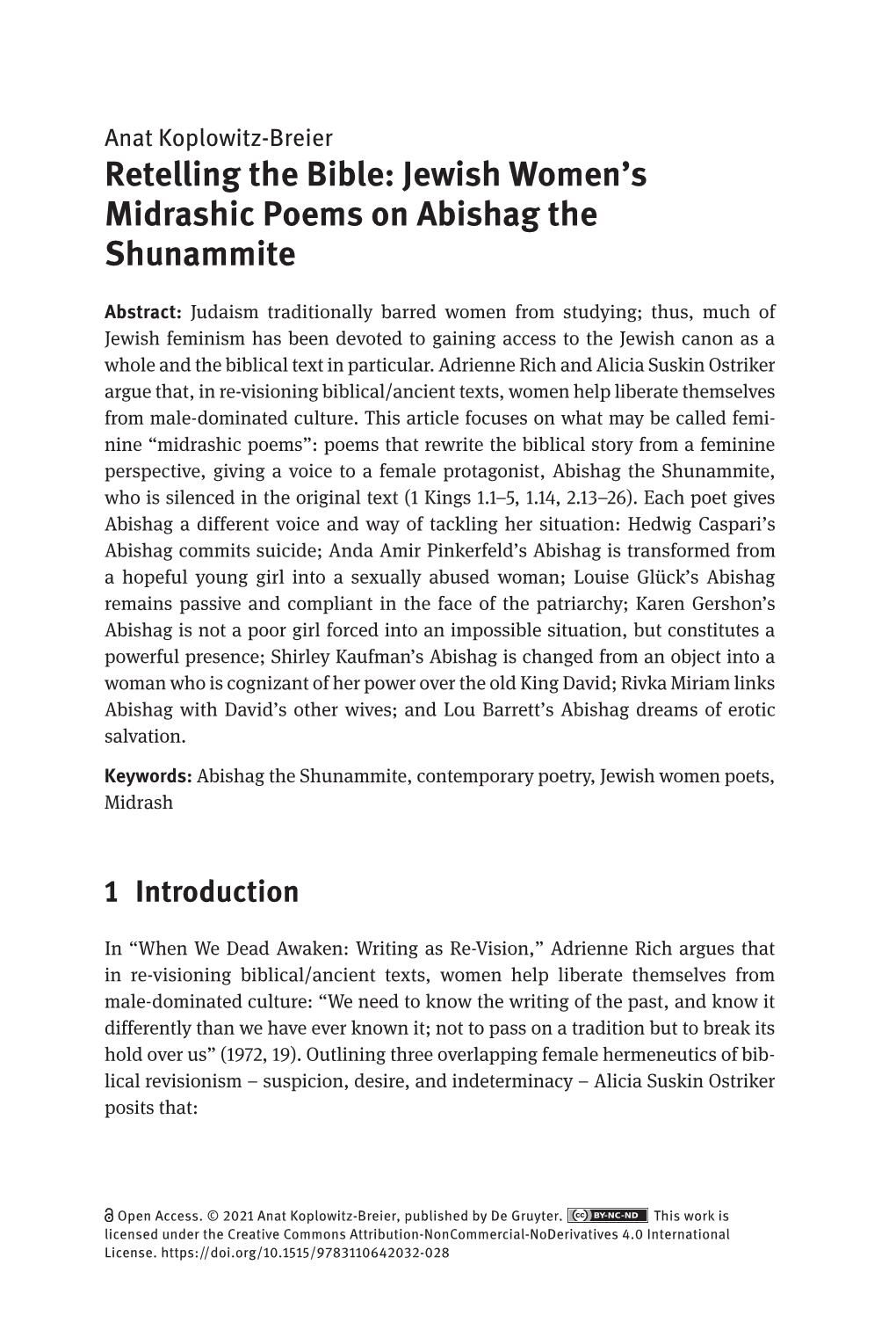 Retelling the Bible: Jewish Women's Midrashic Poems on Abishag the Shunammite