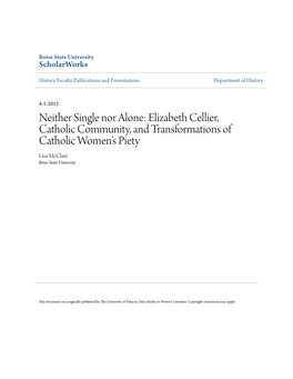 Elizabeth Cellier, Catholic Community, and Transformations of Catholic Women’S Piety Lisa Mcclain Boise State University