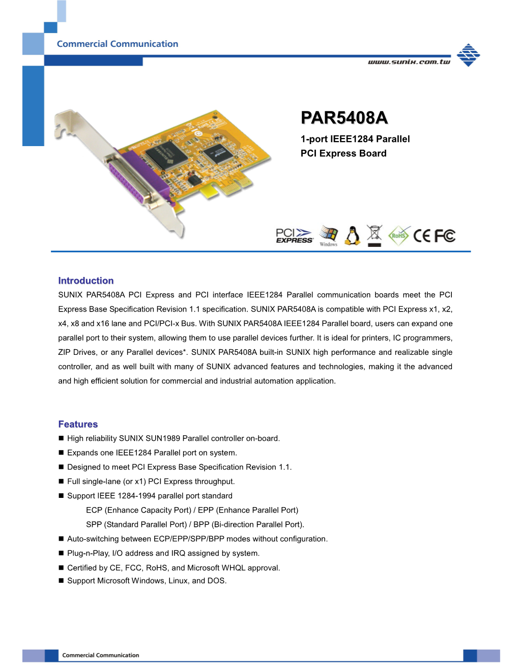 PAR5408A 1-Port IEEE1284 Parallel PCI Express Board