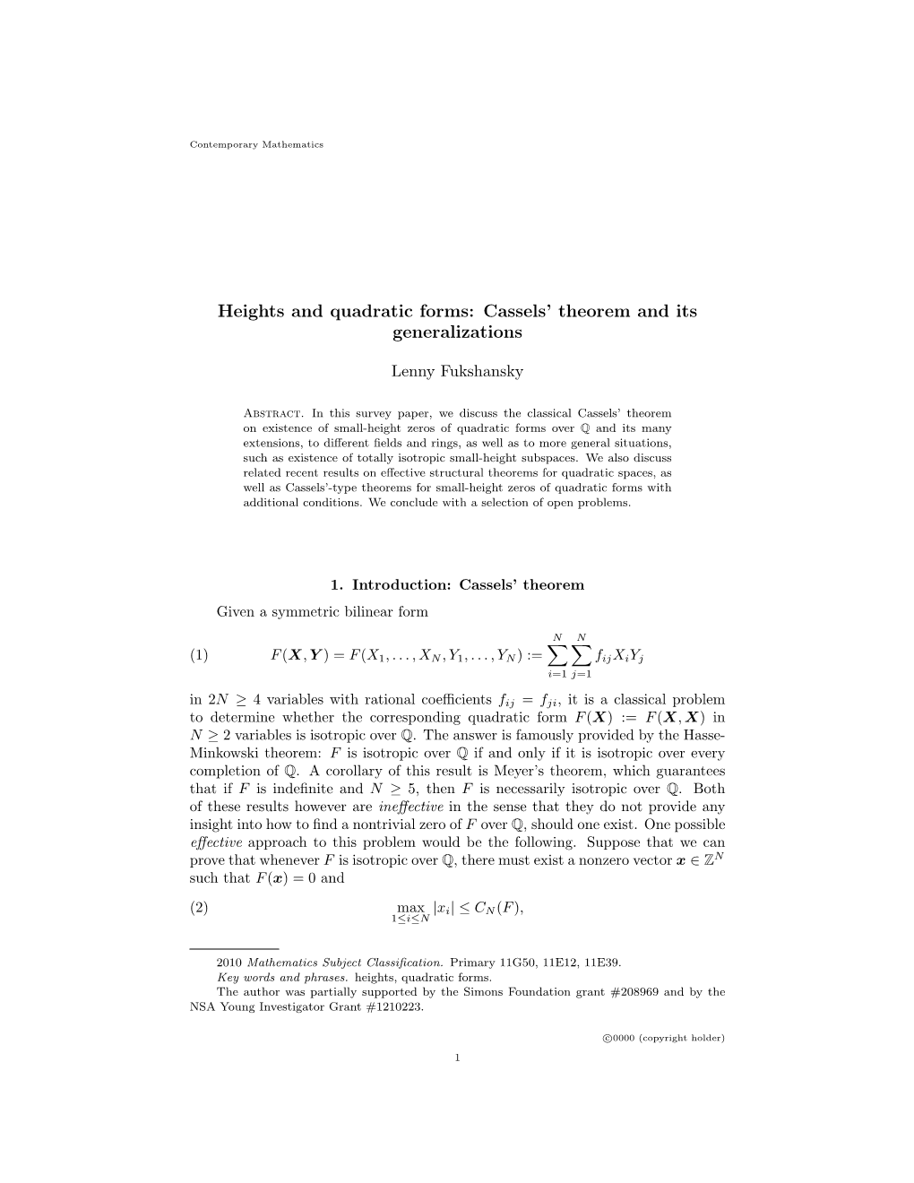 Heights and Quadratic Forms: Cassels' Theorem and Its Generalizations