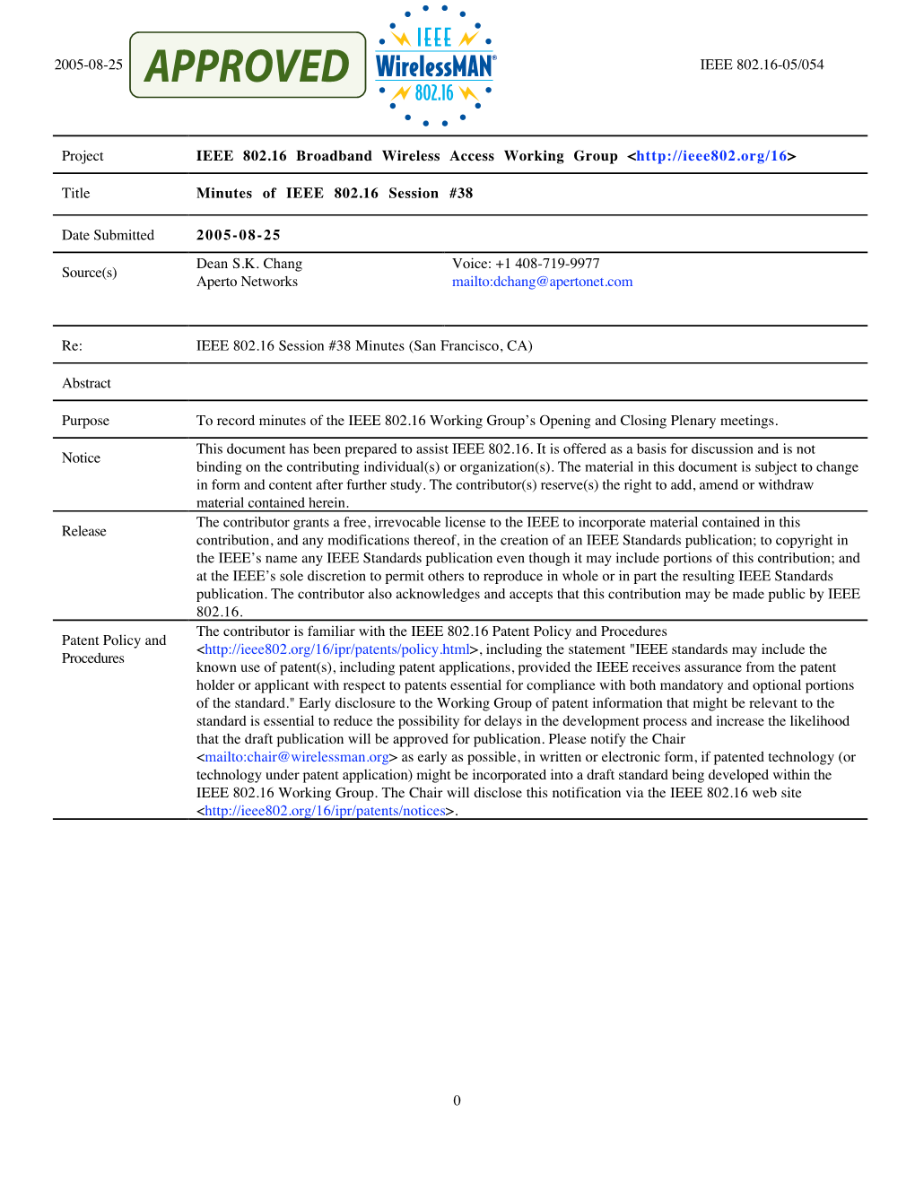 Minutes of IEEE 802.16 Session #38