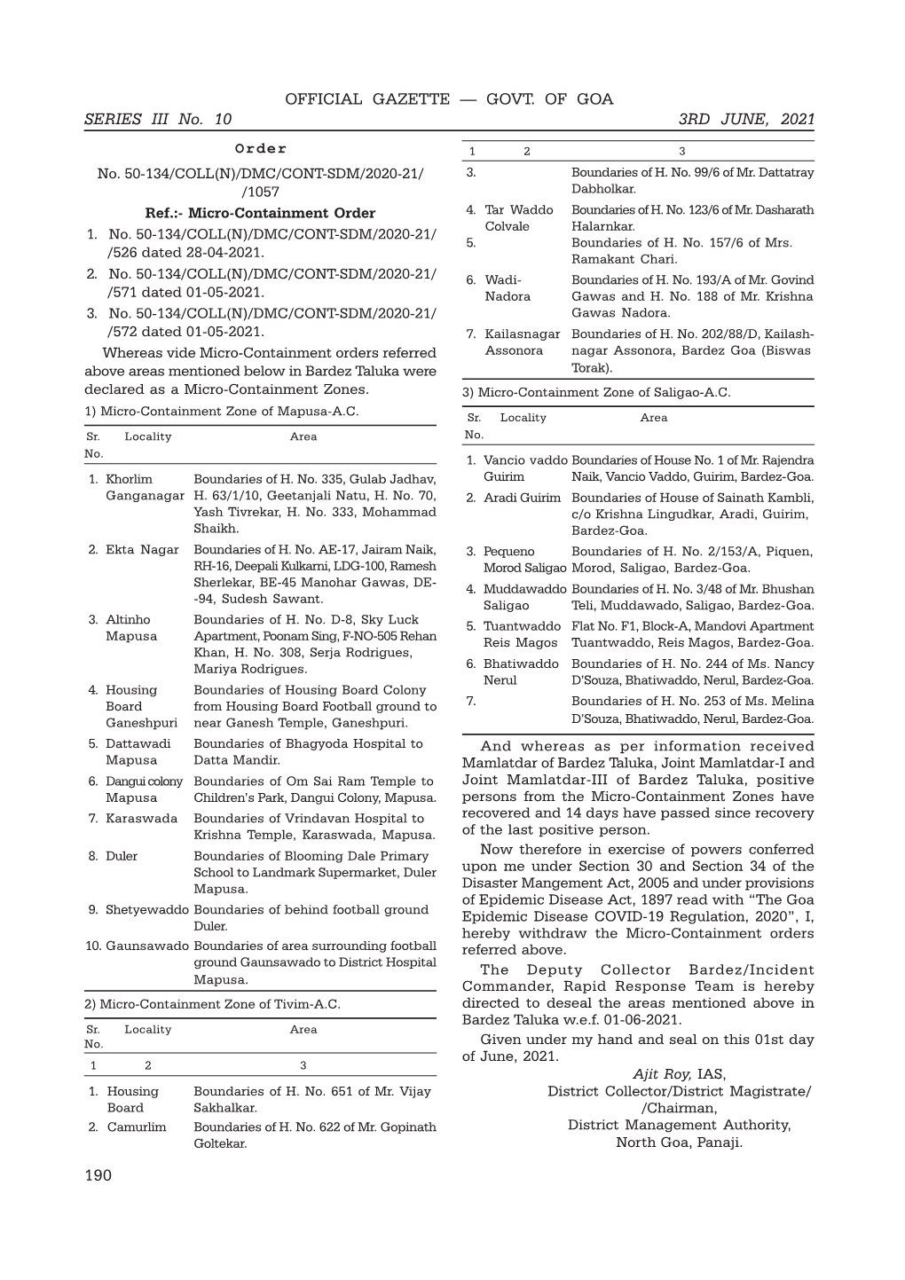 190 OFFICIAL GAZETTE — GOVT. of GOA SERIES III No. 10 3RD JUNE