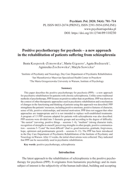 Positive Psychotherapy for Psychosis – a New Approach in the Rehabilitation of Patients Suffering from Schizophrenia