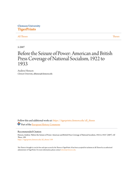 Before the Seizure of Power: American and British Press Coverage of National Socialism, 1922 to 1933 Andrew Henson Clemson University, Abhenso@Clemson.Edu