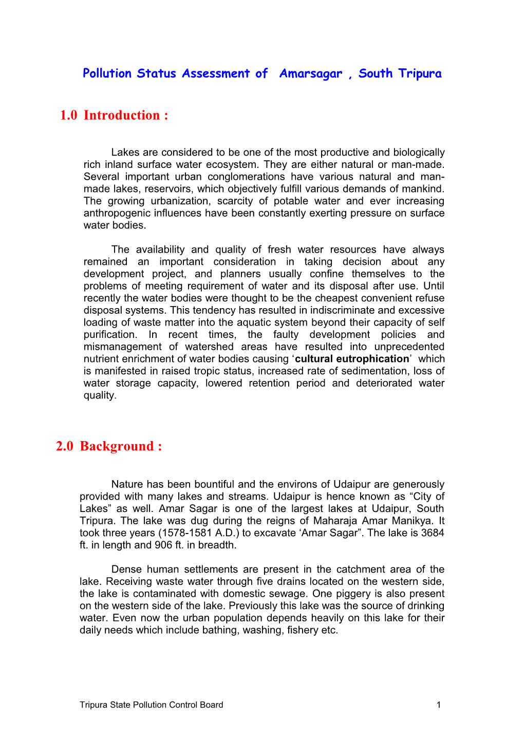 Physico - Chemical Analytical Results of Surface Water Samples of Amarsagar, South Tripura