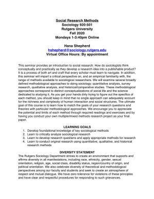 Social Research Methods Sociology 920:501 Rutgers University Fall 2020 Mondays 1-3:40Pm Online