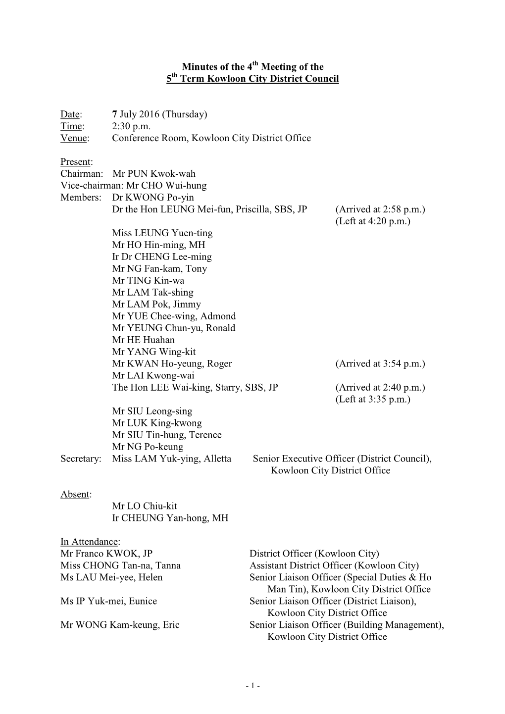 Minutes of the 4 Meeting of the 5 Term Kowloon City District Council Date