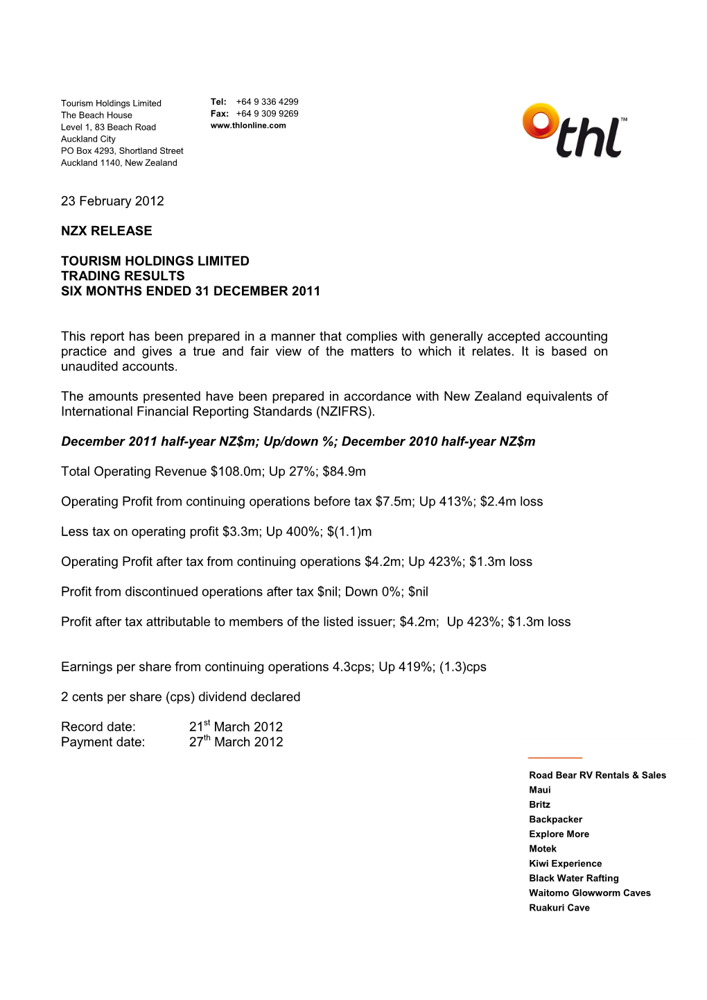 23 February 2012 NZX RELEASE TOURISM HOLDINGS LIMITED