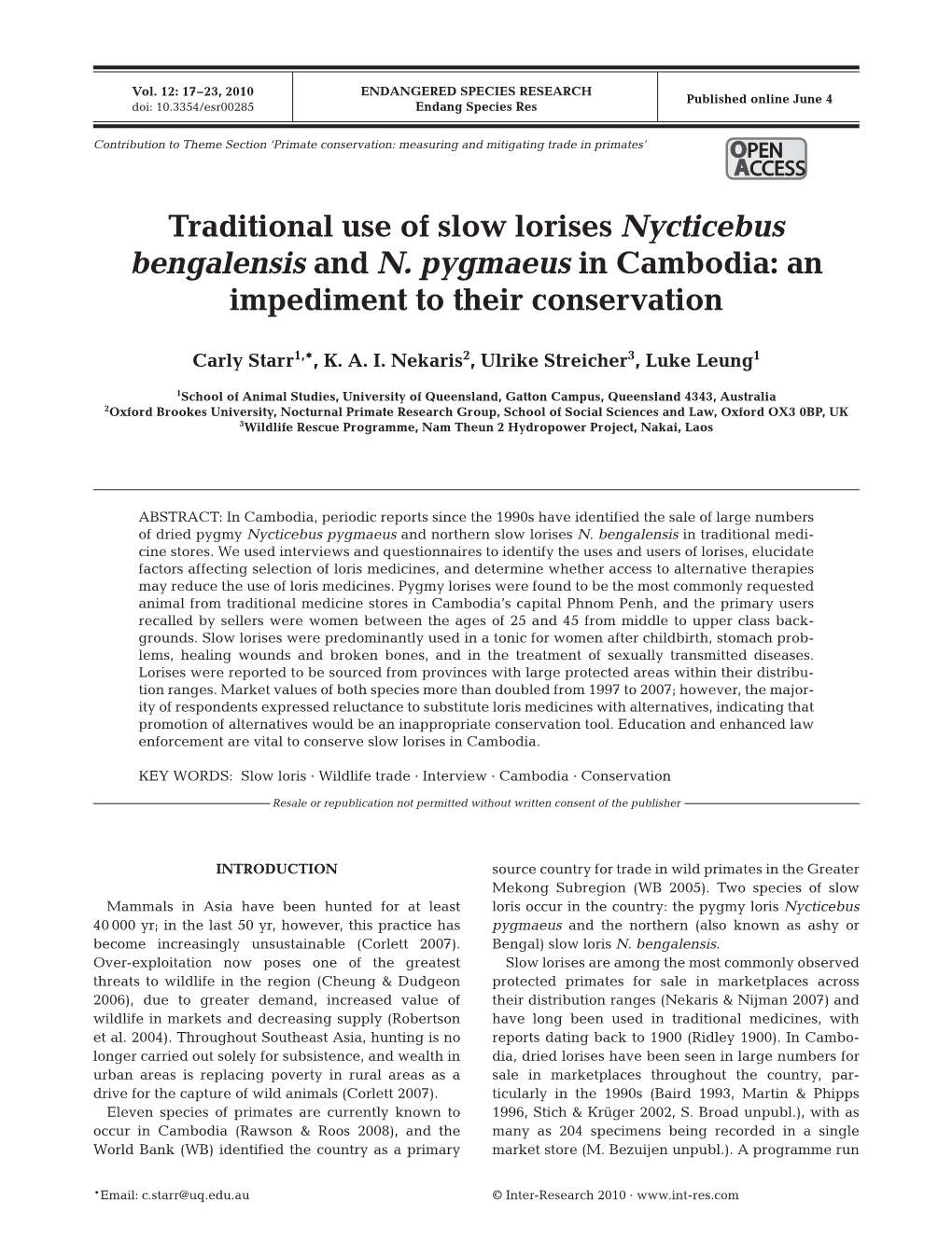 Traditional Use of Slow Lorises Nycticebus Bengalensis and N