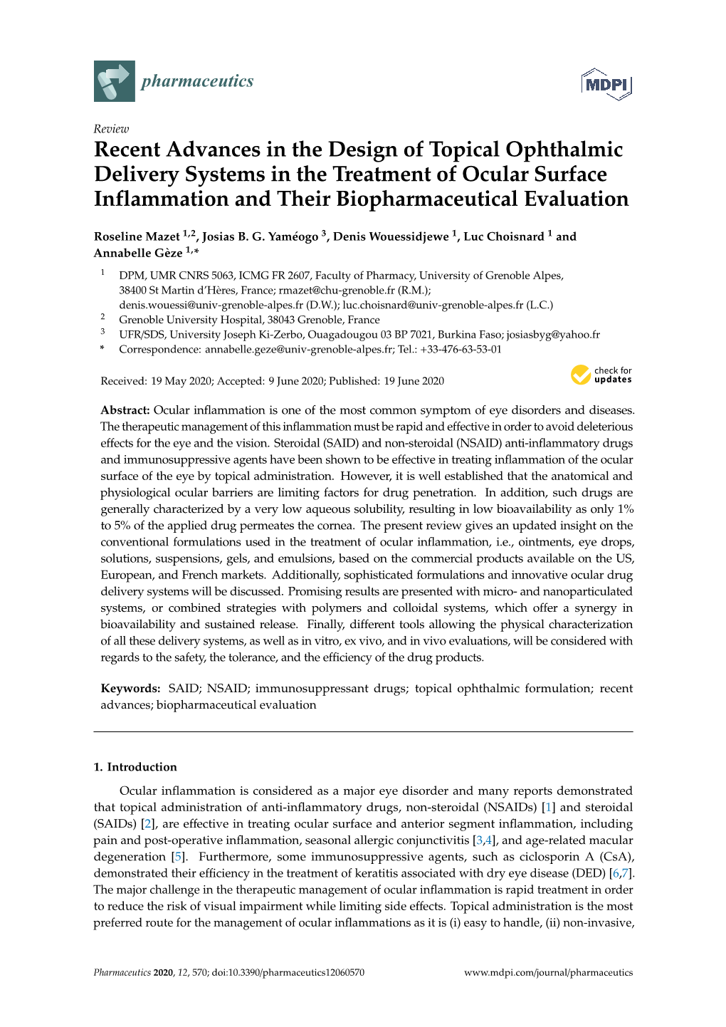 Recent Advances in the Design of Topical Ophthalmic Delivery Systems in the Treatment of Ocular Surface Inflammation and Their Biopharmaceutical Evaluation