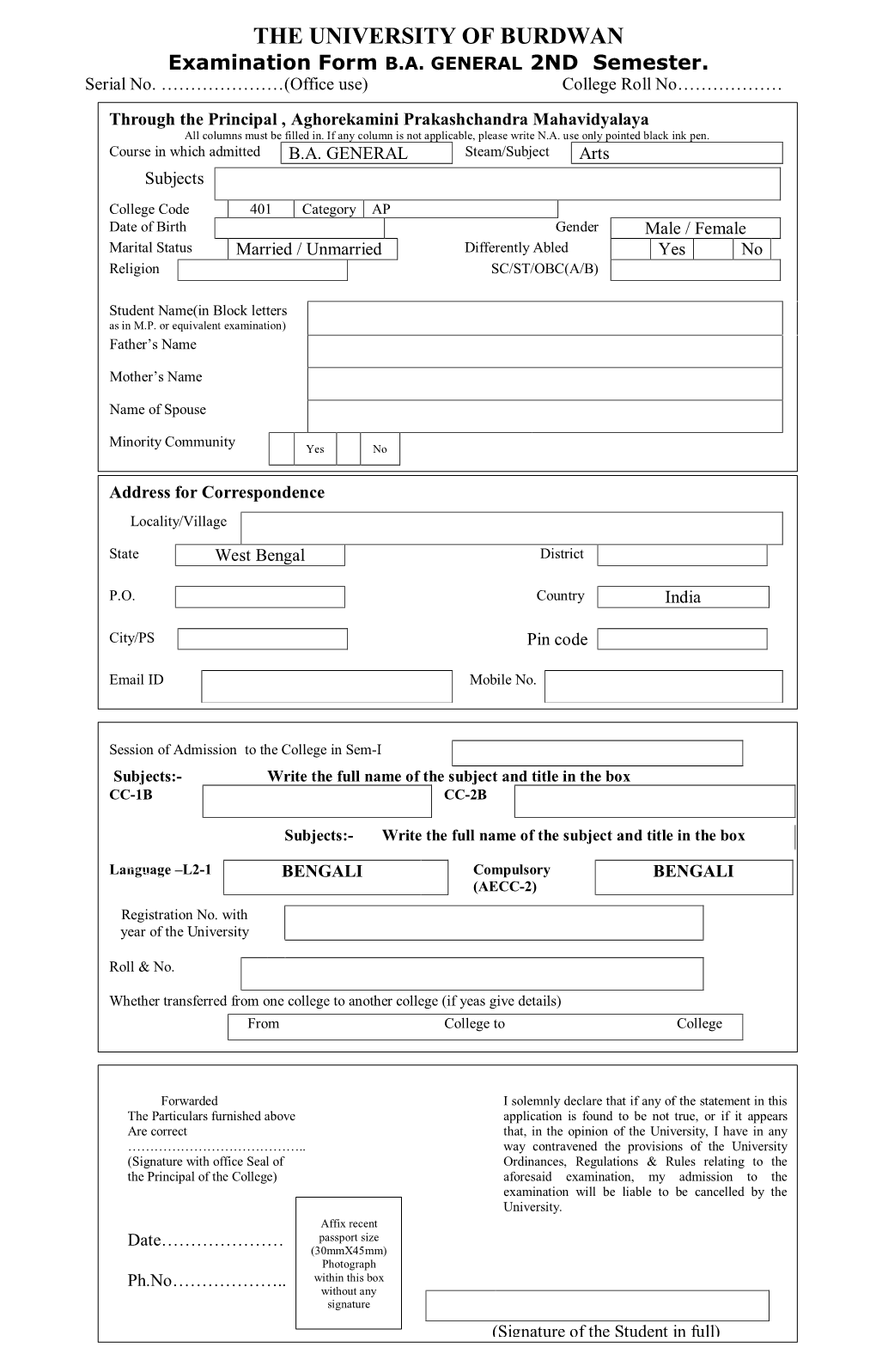 THE UNIVERSITY of BURDWAN Examination Form B.A