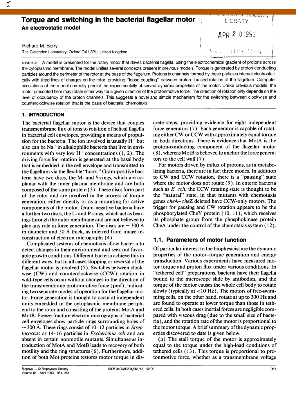 Torque and Switching in the Bacterial Flagellar Motor. an Electrostatic Model