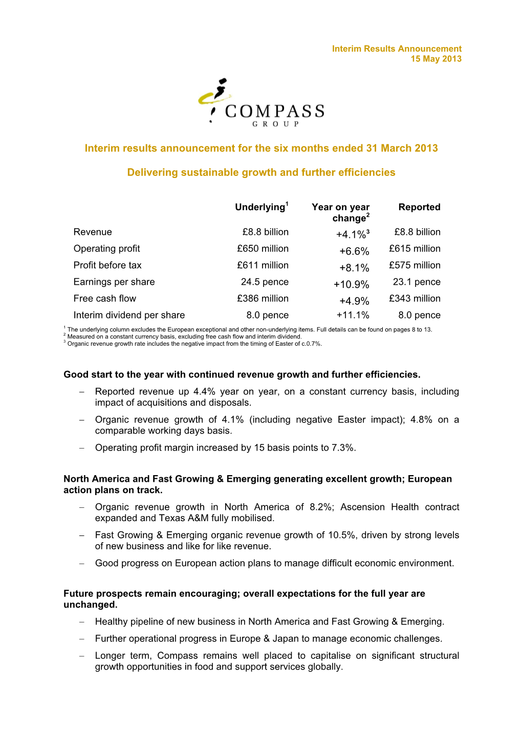 Interim Results Announcement 15 May 2013