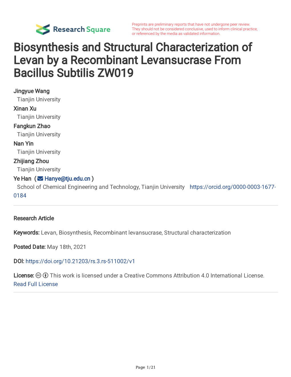 Biosynthesis and Structural Characterization of Levan by a Recombinant Levansucrase from Bacillus Subtilis ZW019