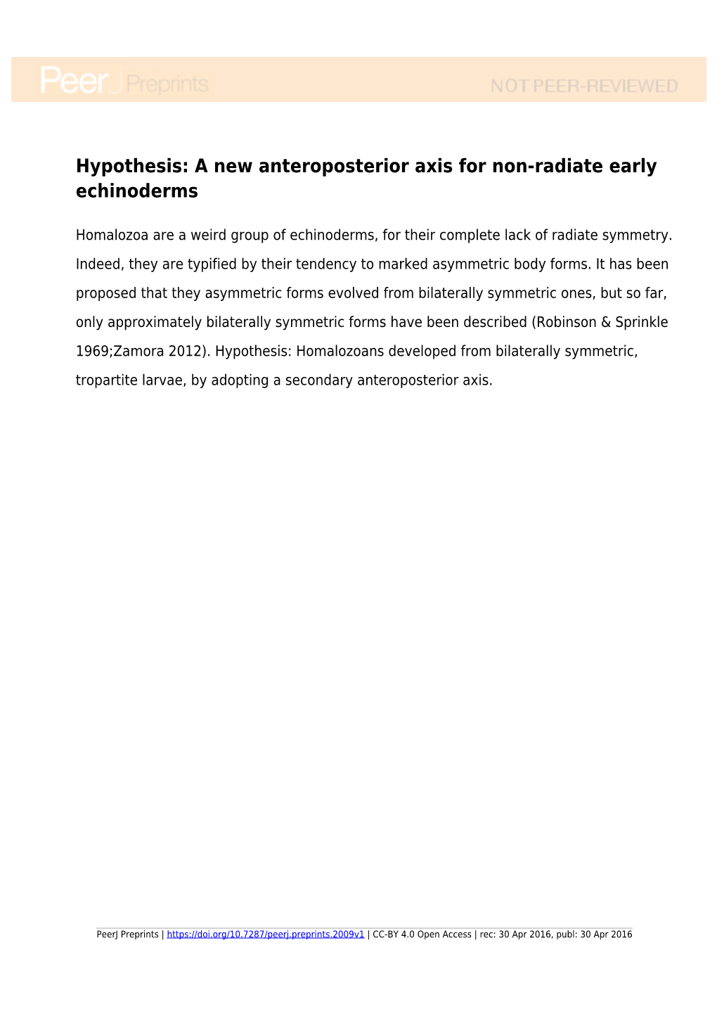 Hypothesis: a New Anteroposterior Axis for Non-Radiate Early Echinoderms