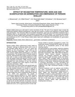 Effect of Incubation Temperature, Seed Age and Scarification on Germination and Emergence of Persian Shallot