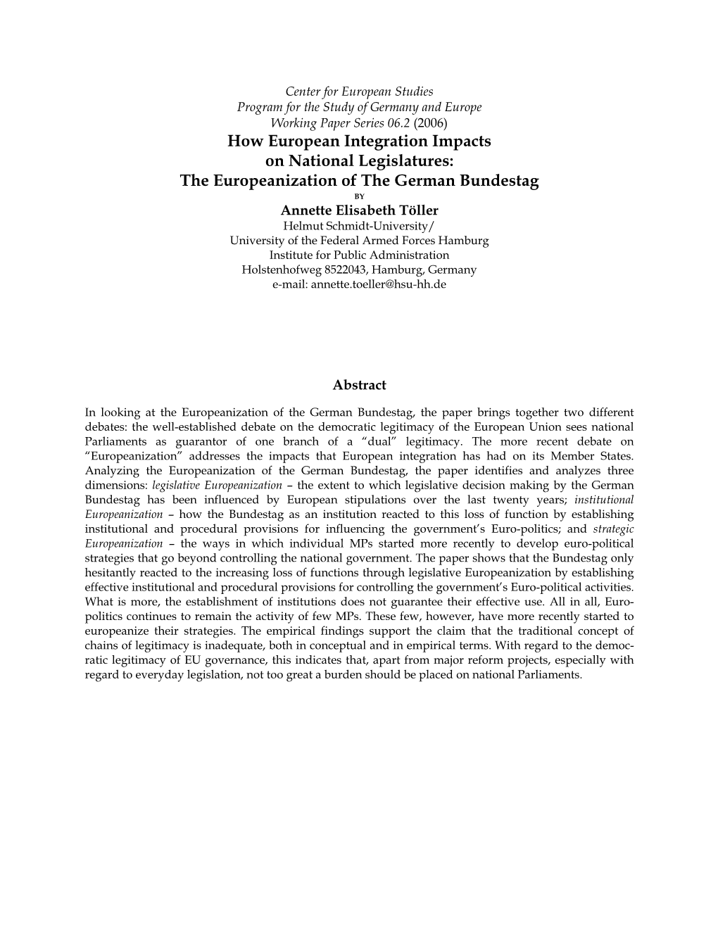 How European Integration Impacts on National Legislatures: The