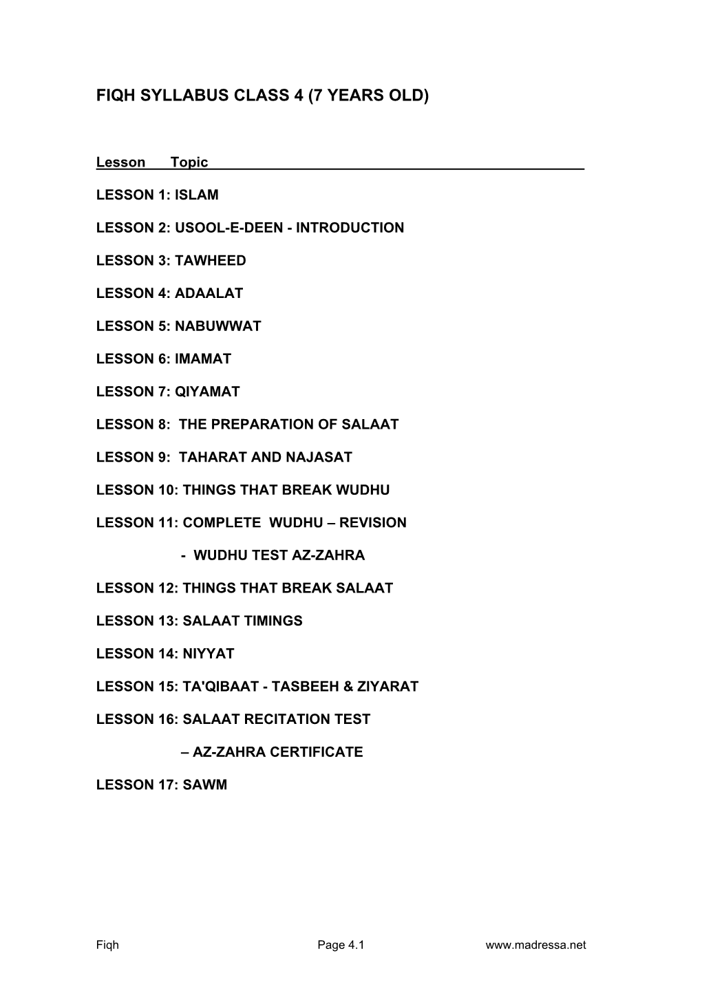 Fiqh Syllabus Class 4 (7 Years Old)