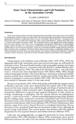 Some Vocal Characteristics and Call Variation in the Australian Corvids